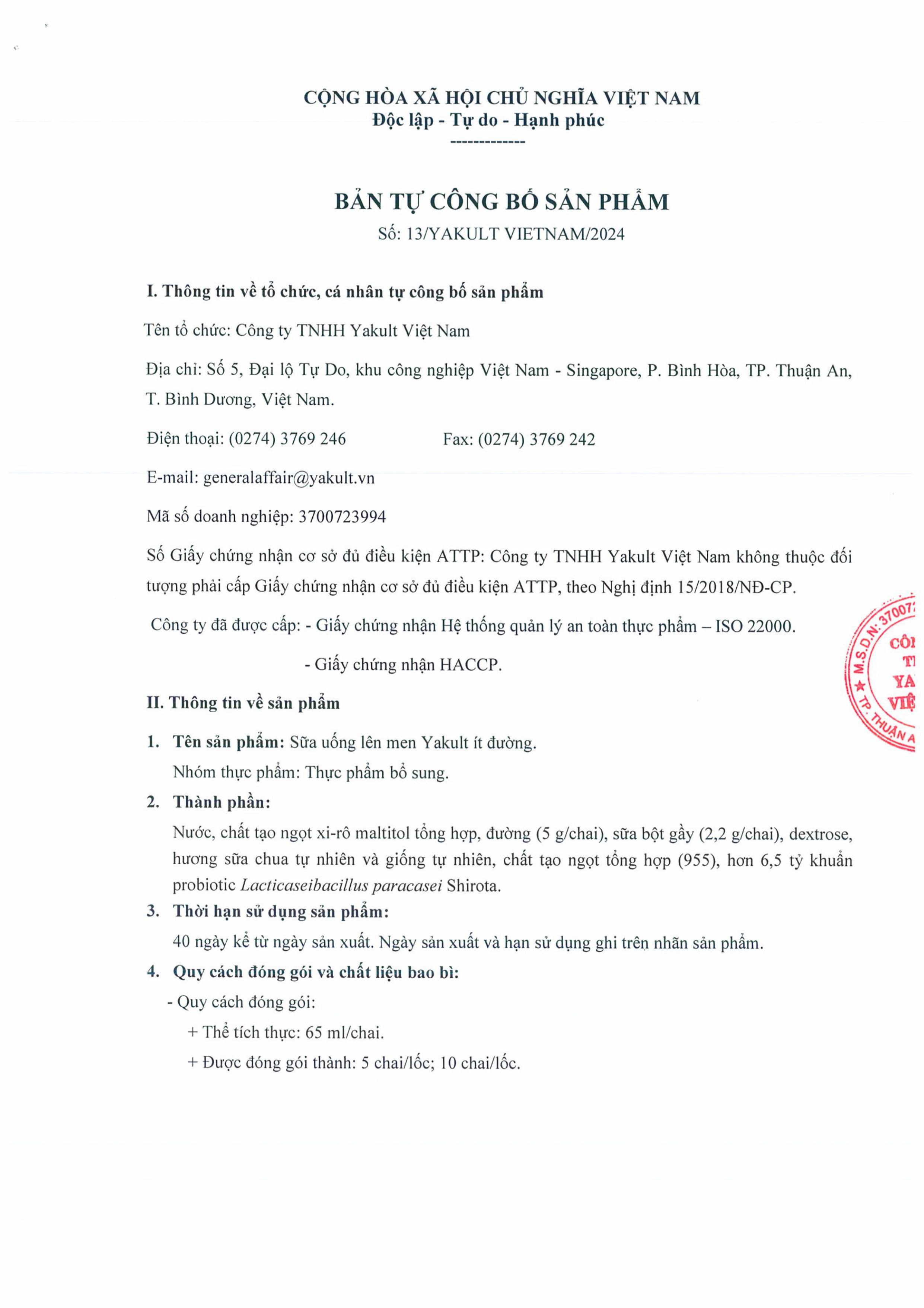 Bản tự công bố sản phẩm của Yakult - Thực Phẩm Chay Phương Thịnh - Công Ty TNHH Thực Phẩm và Dịch Vụ Ăn Uống Phương Thịnh